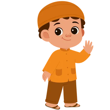 Cute Muslim Boy Waving  Illustration