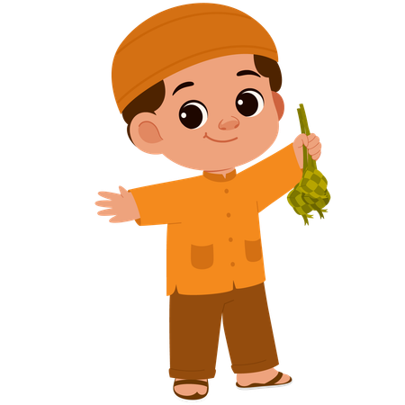 Cute Muslim Boy With Ketupat  Illustration