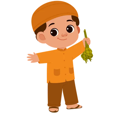 Cute Muslim Boy With Ketupat  Illustration