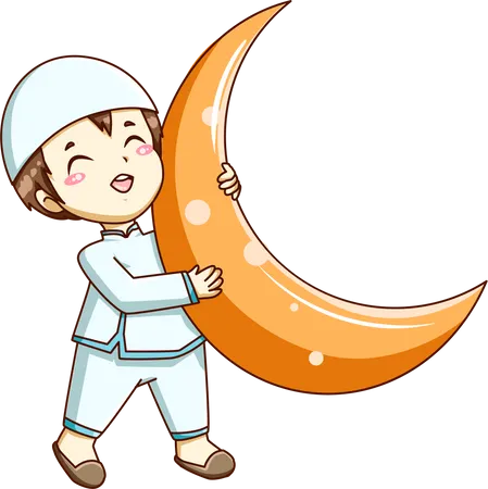 Cute Muslim Boy with  moon Illustration