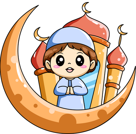 Cute Muslim boy with moon and mosque Illustration