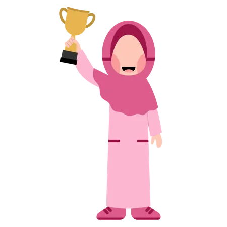 Cute Muslim girl showing trophy cup Illustration