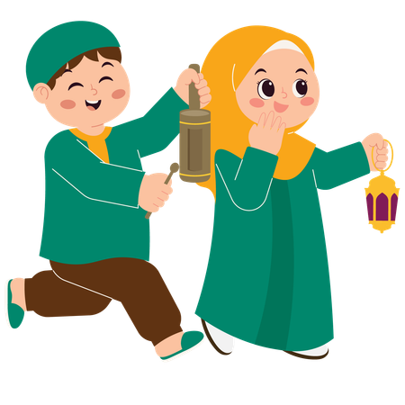 Cute Muslim Kids Celebrating Eid Mubarak  Illustration