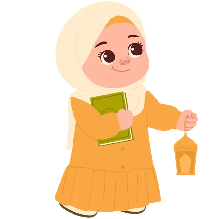 Cute Muslimah Carrying Lantern  Illustration