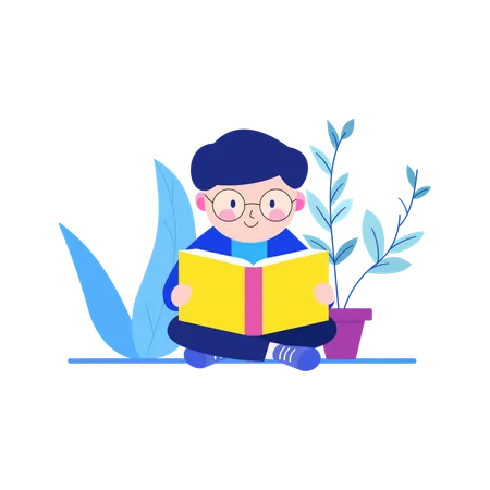 Cute Nerd Boy Character Wearing Glasses Sitting Reading a Book in the Library with Smile Expression  Illustration