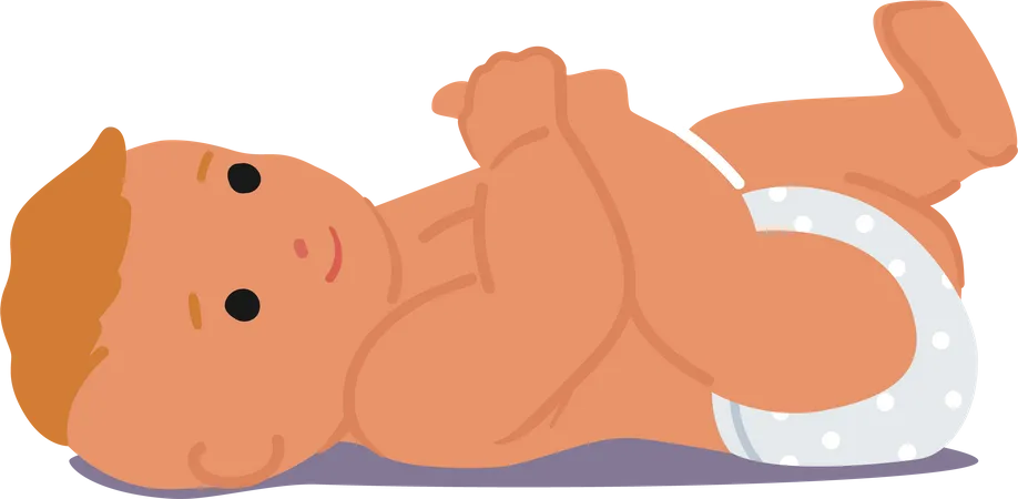 Cute Newborn Baby Lying on Floor and Playing with Leg  Illustration