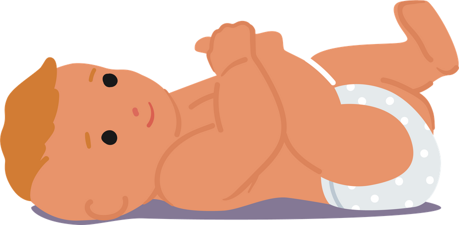 Cute Newborn Baby Lying on Floor and Playing with Leg  Illustration