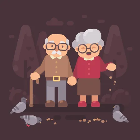 Cute Old Couple Walking In The Park And Feeding Pigeons Illustration