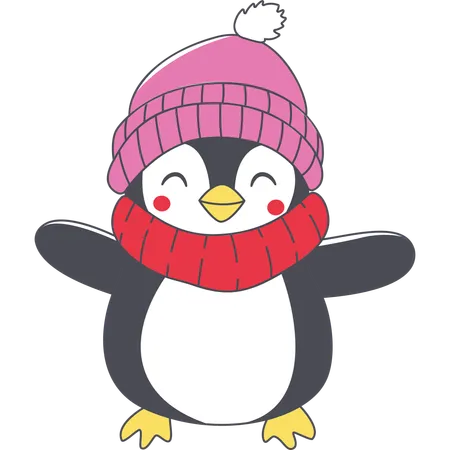 Cute Penguin Character Wearing Shawl Hat  Illustration