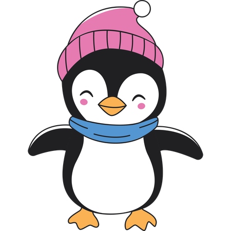 Cute Penguin Character Wearing Shawl Hat in Winter  Illustration