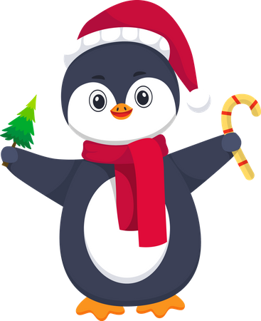 Cute Penguin holding Candy and Pine Tree  Illustration