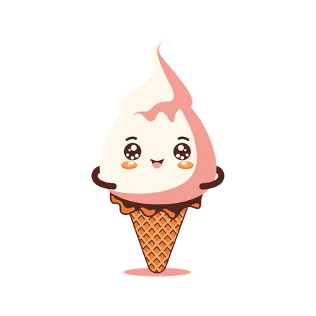 Cute Pink Strawberry Cone Ice Cream  Illustration