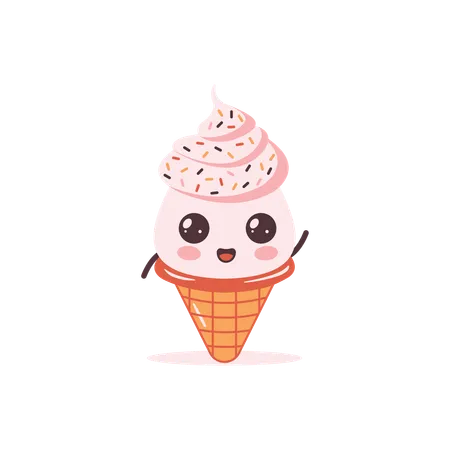 Cute Pink Strawberry Cone Ice Cream  Illustration