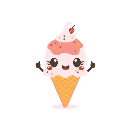 Cute Pink Strawberry Cone Ice Cream  Illustration