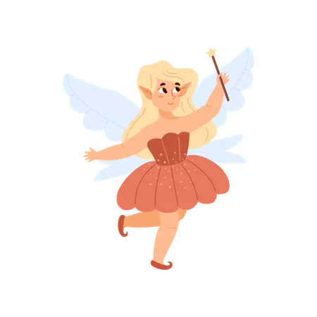 Cute pixie girl with magic wand and wings  Illustration