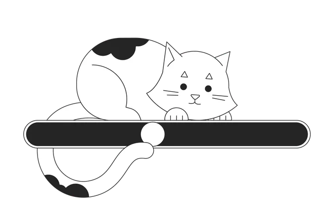 黒と白の読み込みバーのフラット デザインにかわいい遊び心のある猫。進行状況を見ている小さな子猫。 Web ローダー UI UX。グラフィカル ユーザー インターフェイス。白い背景のアウトライン漫画ベクトル イラスト イラスト