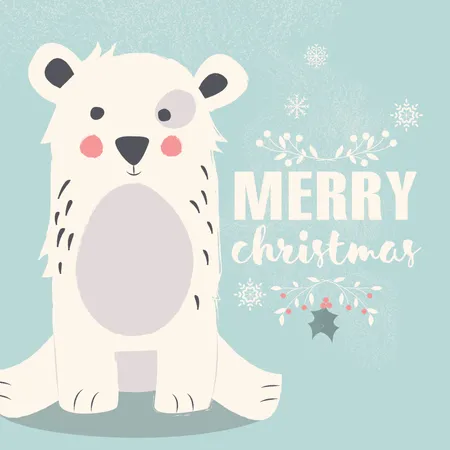 Cute polar bear on blue background and Merry Christmas lettering  Illustration