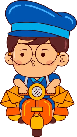 Cute postman boy riding scooter  Illustration