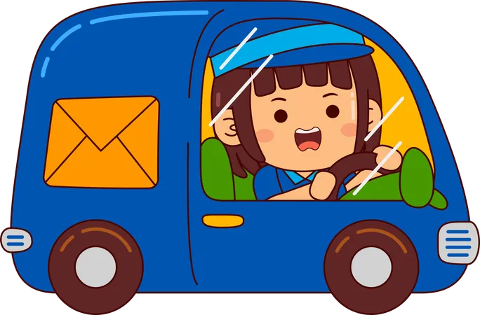 Cute postman girl riding post car  Illustration