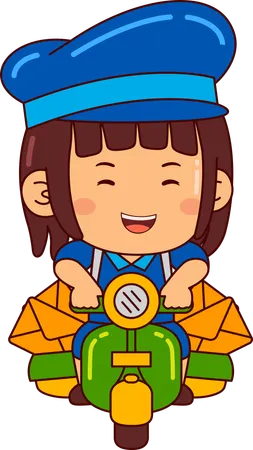 Cute postman girl riding scooter  Illustration