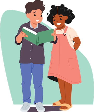 Cute preschool boy girl children standing with book in hands and reading  Illustration