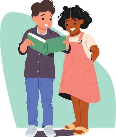 Cute preschool boy girl children standing with book in hands and reading  Illustration