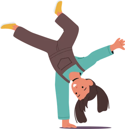 Cute preschool girl kid standing on one hand upside down  Illustration