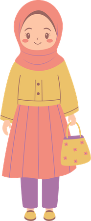 Cute Pretty Muslim Girl Wearing Hijab with Purse  Illustration