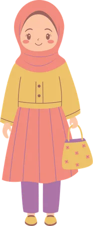 Cute Pretty Muslim Girl Wearing Hijab with Purse  Illustration