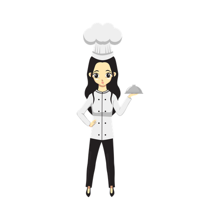 Cute Professional Girl Chef holding dish  イラスト