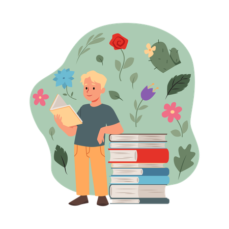 Cute pupil boy enjoying reading book standing near the huge stack of books  Illustration