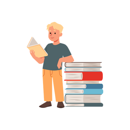 Cute pupil boy enjoying reading book standing near the huge stack of books  Illustration