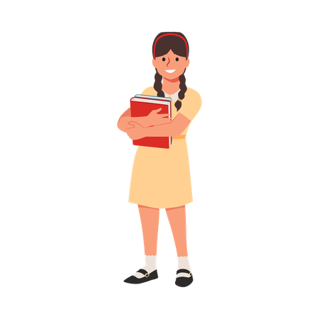 Cute pupil girl with pigtails standing with books in hands cartoon children education back to school  Illustration