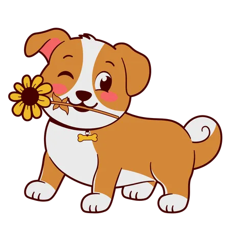 Cute Puppy With Sunflower  イラスト