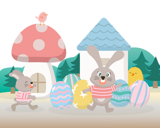 Cute Rabbit and eggs  Illustration