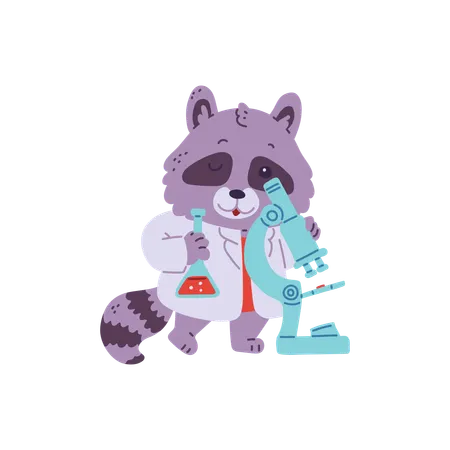 顕微鏡と化学実験チューブを持つかわいいアライグマの科学者  イラスト