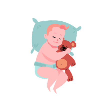 Cute red-haired baby boy in diaper sleeping and hugging bear toy  Illustration