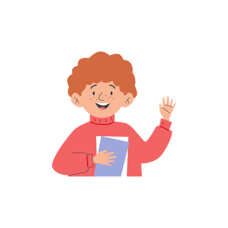 Cute redhead boy with freckles holds books and waves his hand  Illustration
