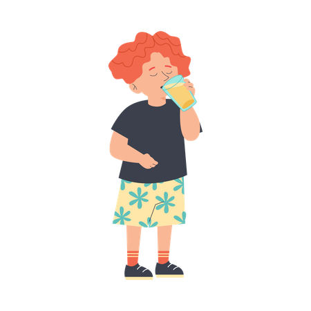 Cute redhead kid drink orange juice from a glass cup  Illustration