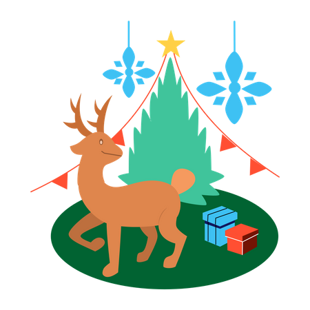Cute reindeer with decorated Christmas tree Illustration