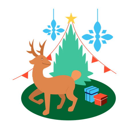 Cute reindeer with decorated Christmas tree  Illustration