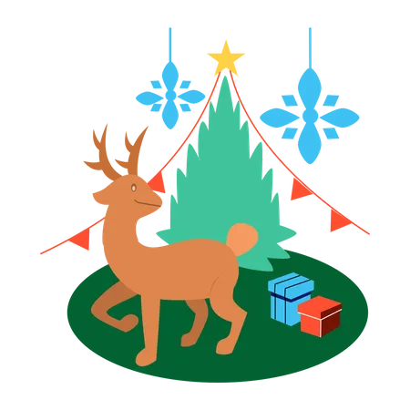 Cute reindeer with decorated Christmas tree  Illustration