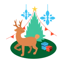 Cute reindeer with decorated Christmas tree
