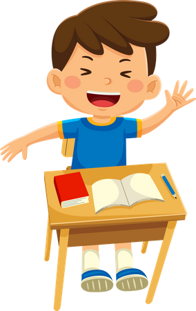 Cute School Boy Sitting At Desk  Illustration