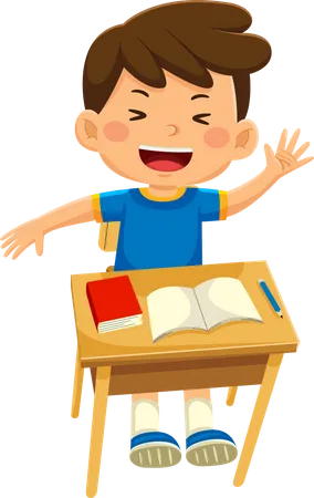 Cute School Boy Sitting At Desk  Illustration