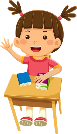 Cute School Girl Sitting At Desk Illustration