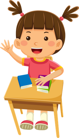 Cute School Girl Sitting At Desk  Illustration