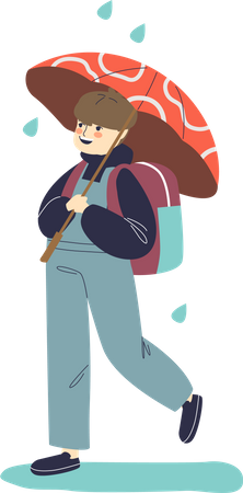 Cute schoolboy kid walking under umbrella in rainy weather with backpack to school Illustration