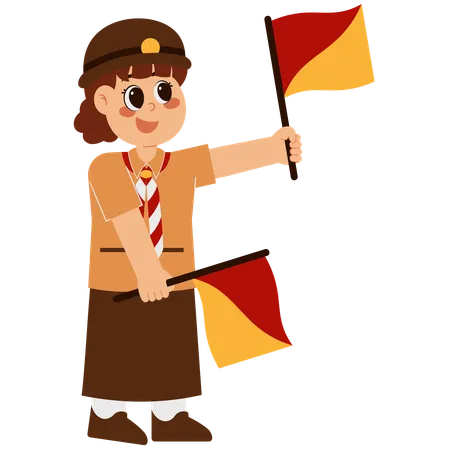 Cute Scout Girl With Semaphore Flag  Illustration