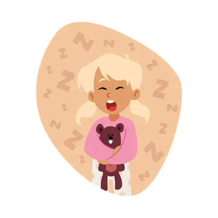 パジャマを着てテディベアのおもちゃを持っているかわいい眠そうなブロンドの女の子  イラスト